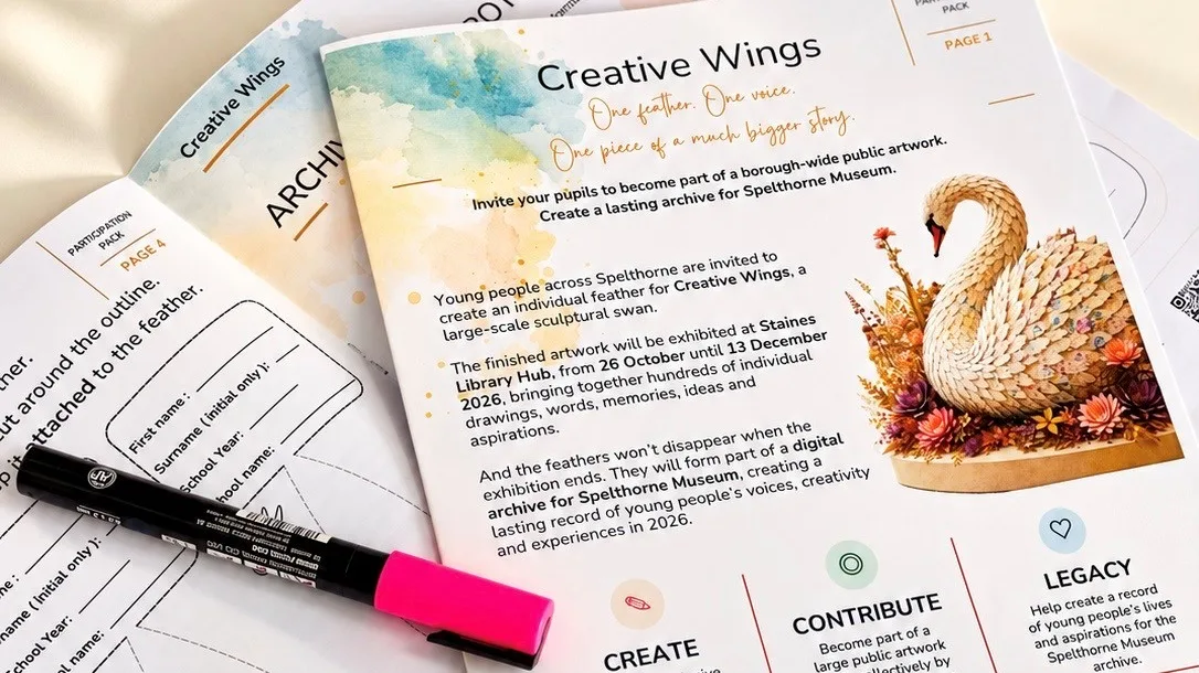 The Creative Wings participation pack sent to schools, with an illustration of the swan and a feather template to cut out